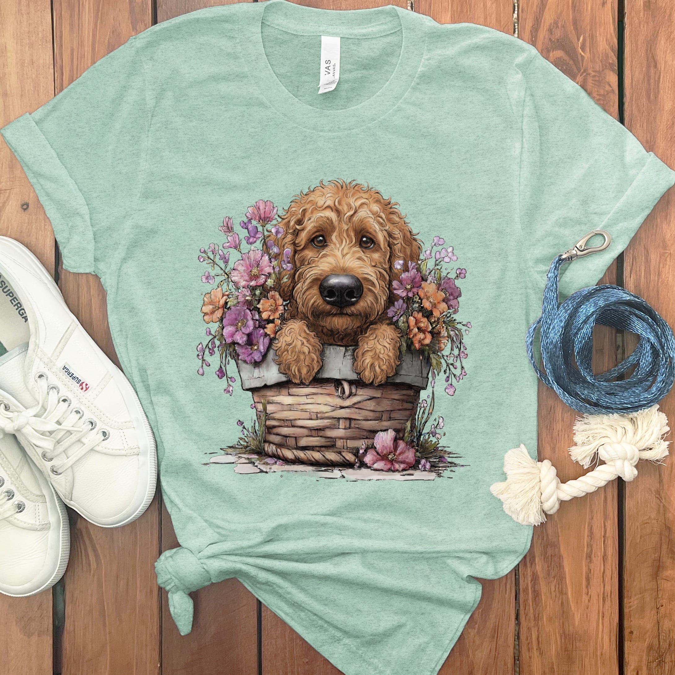 Apricot Doodle Floral Basket T-Shirt in Heather Mint / XL by Puppy Jo