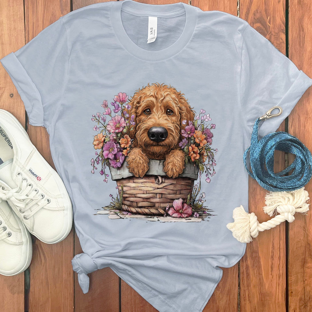 Apricot Doodle Floral Basket T-Shirt in Light Blue / M by Puppy Jo