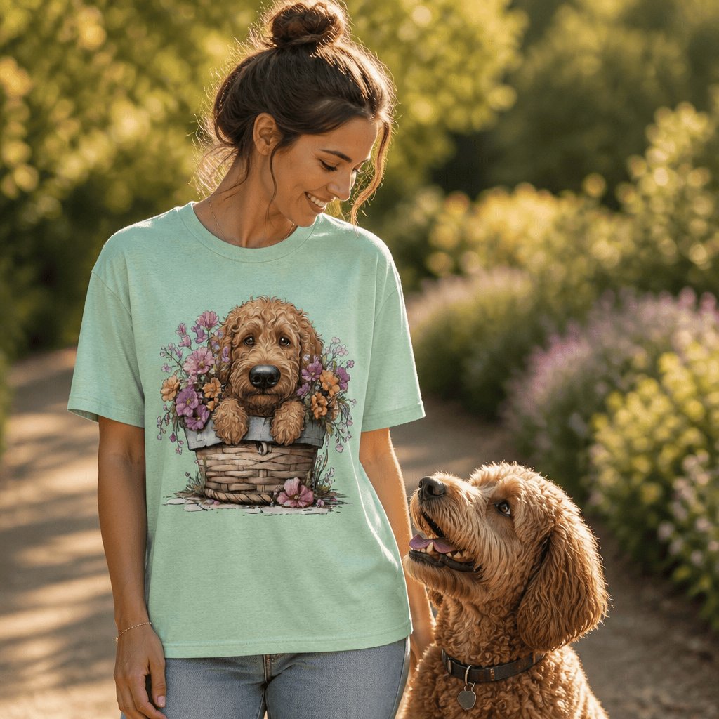 Apricot Doodle Floral Basket T-Shirt in by Puppy Jo