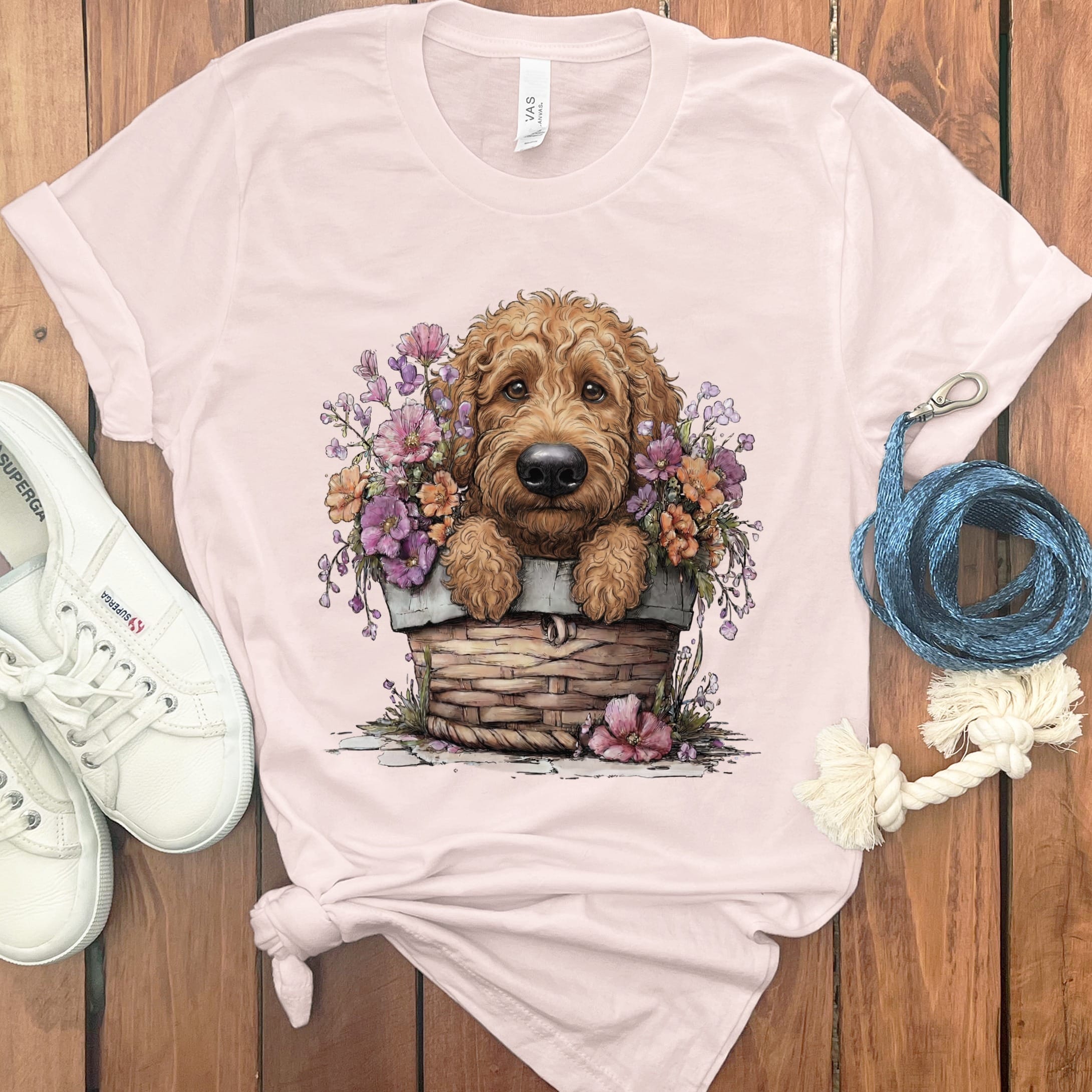 Apricot Doodle Floral Basket T-Shirt in Soft Pink / M by Puppy Jo