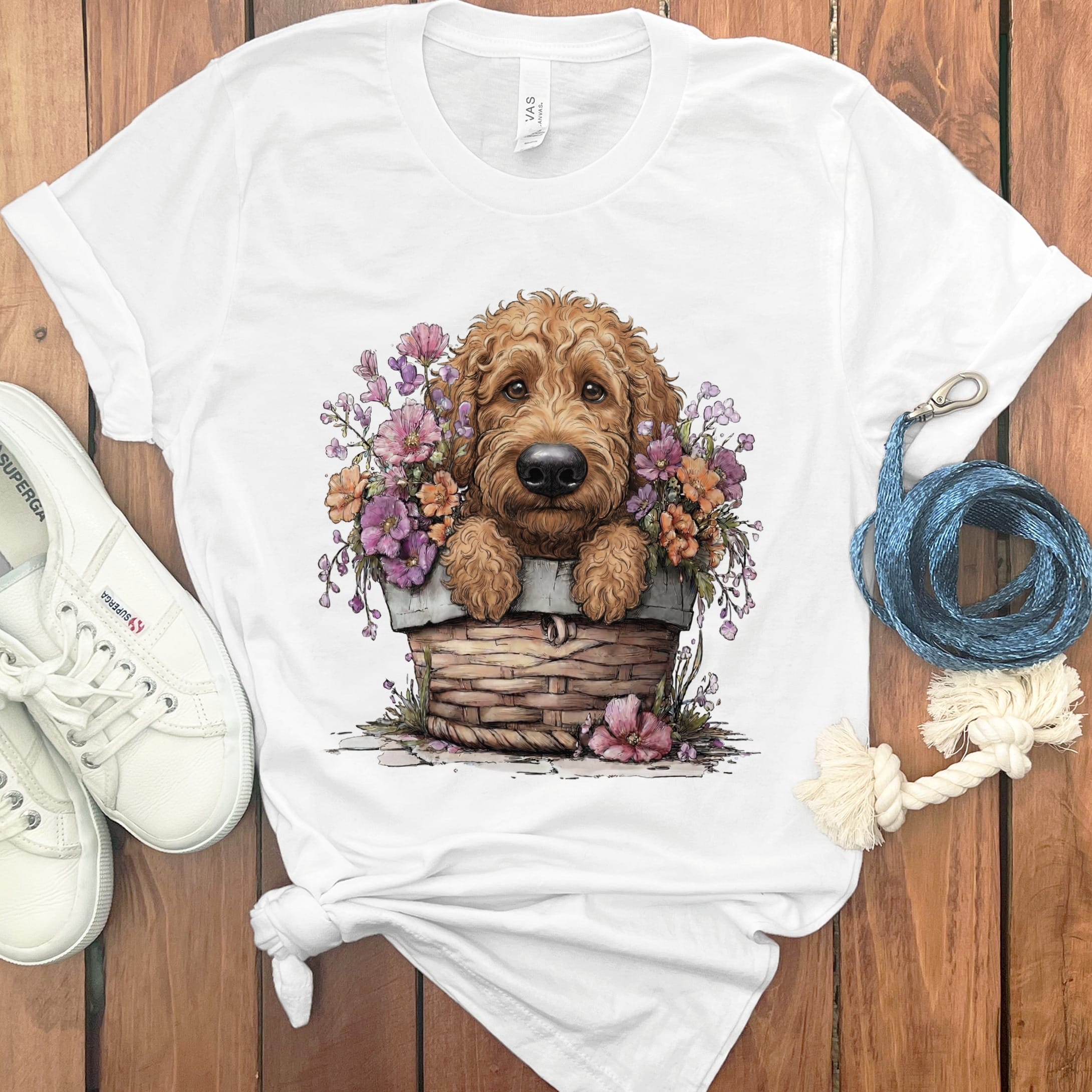 Apricot Doodle Floral Basket T-Shirt in White / M by Puppy Jo