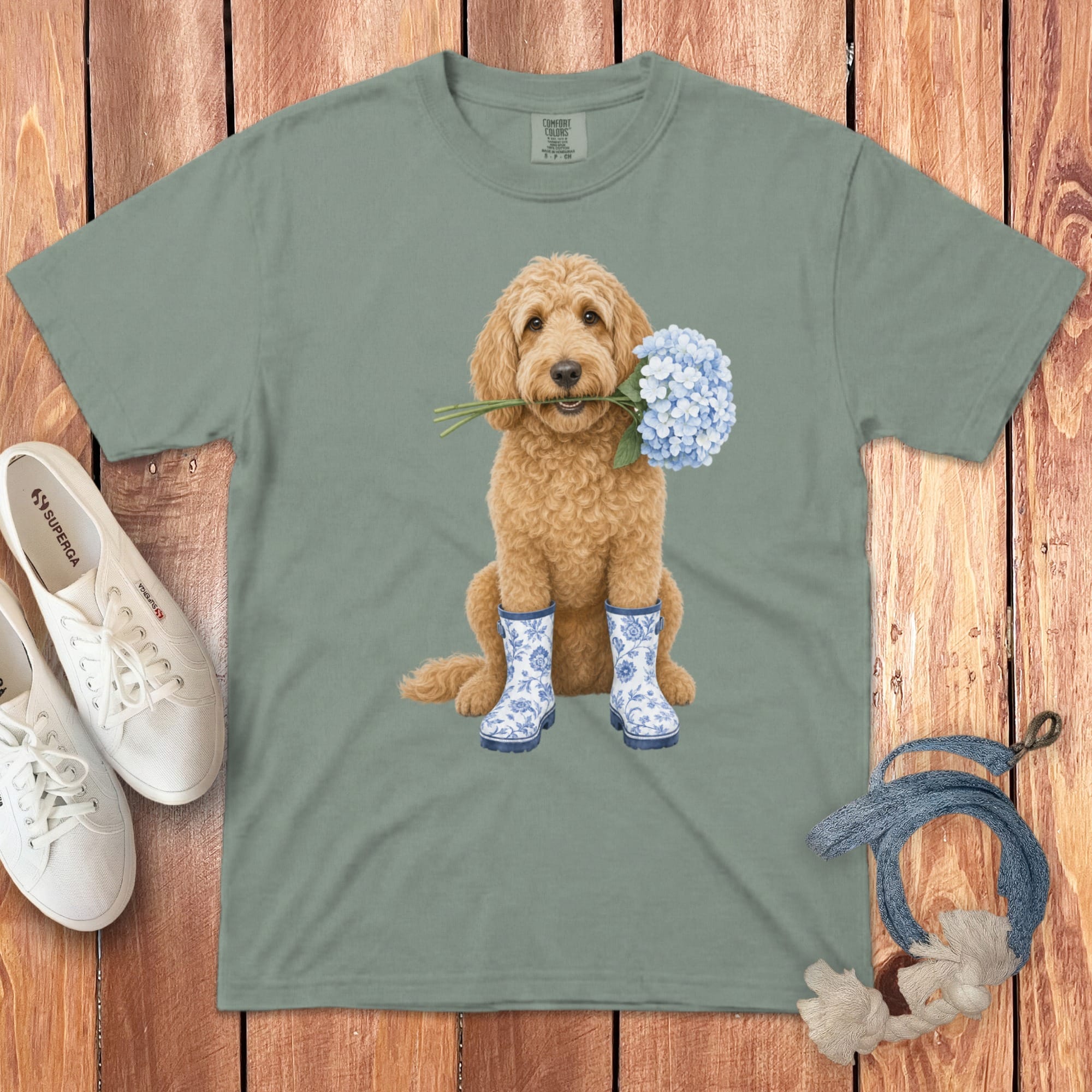 Apricot Doodle Hydrangea Signature T-Shirt in S / Bay by Puppy Jo