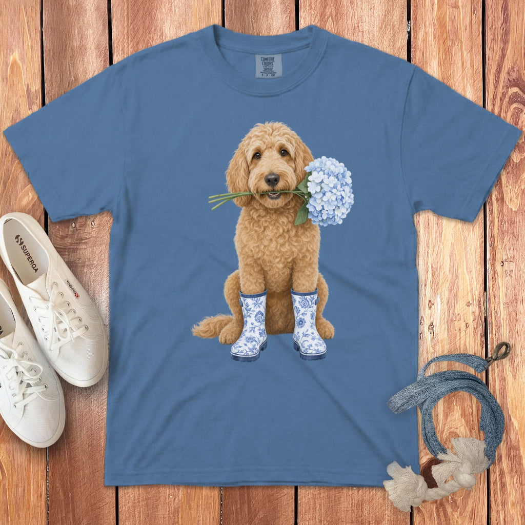 Apricot Doodle Hydrangea Signature T-Shirt in S / Blue Jean by Puppy Jo