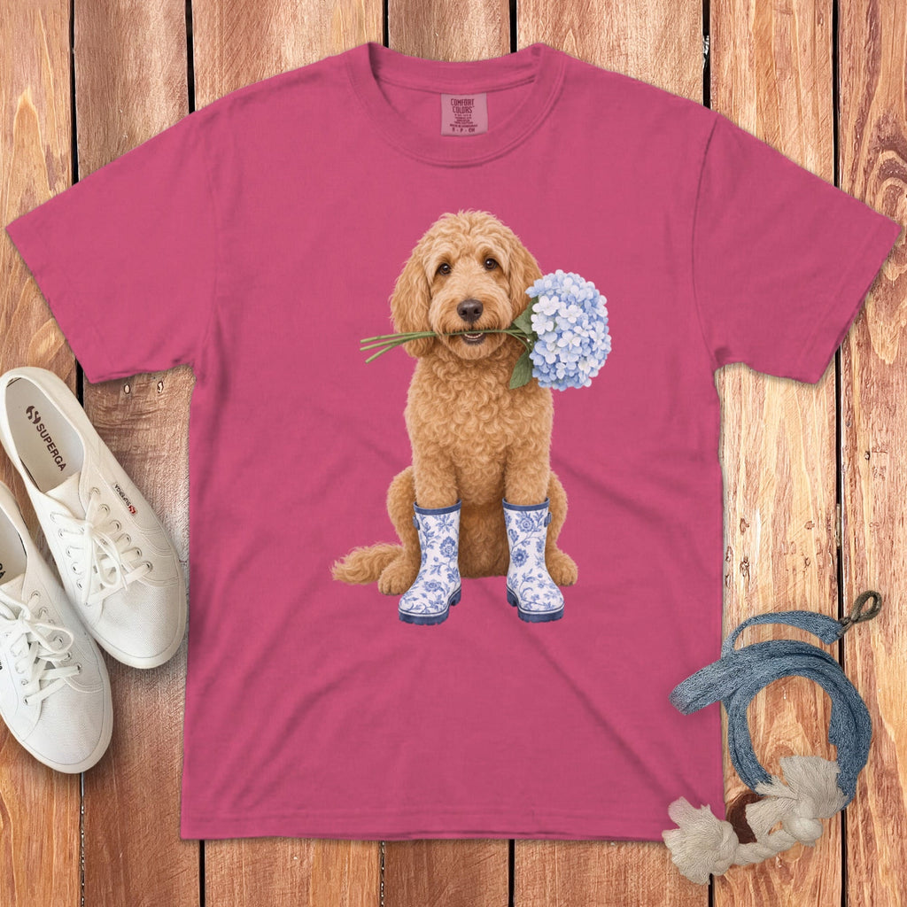 Apricot Doodle Hydrangea Signature T-Shirt in S / Crunchberry by Puppy Jo