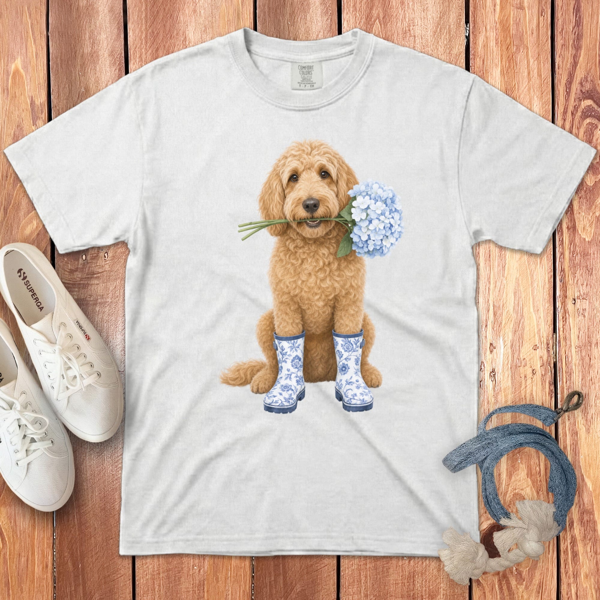 Apricot Doodle Hydrangea Signature T-Shirt in S / White by Puppy Jo