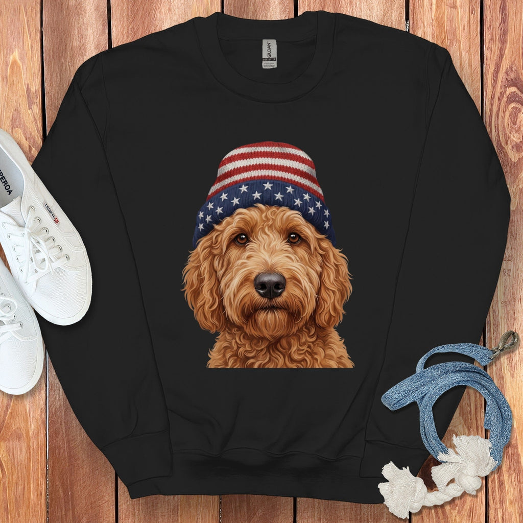 Apricot Doodle Patriotic Cap Sweatshirt in Black / M / Sweatshirts #1 by Puppy Jo