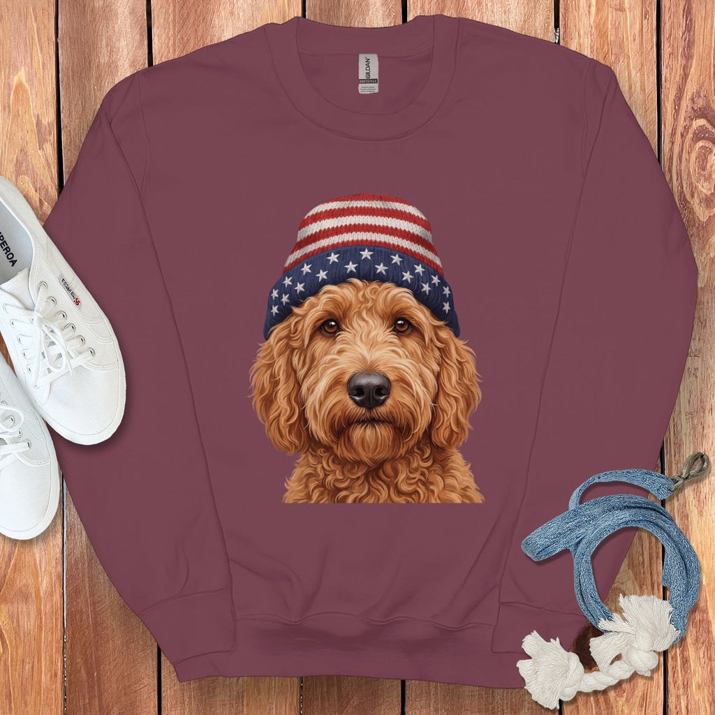 Apricot Doodle Patriotic Cap Sweatshirt in Maroon / M / Sweatshirts #1 by Puppy Jo