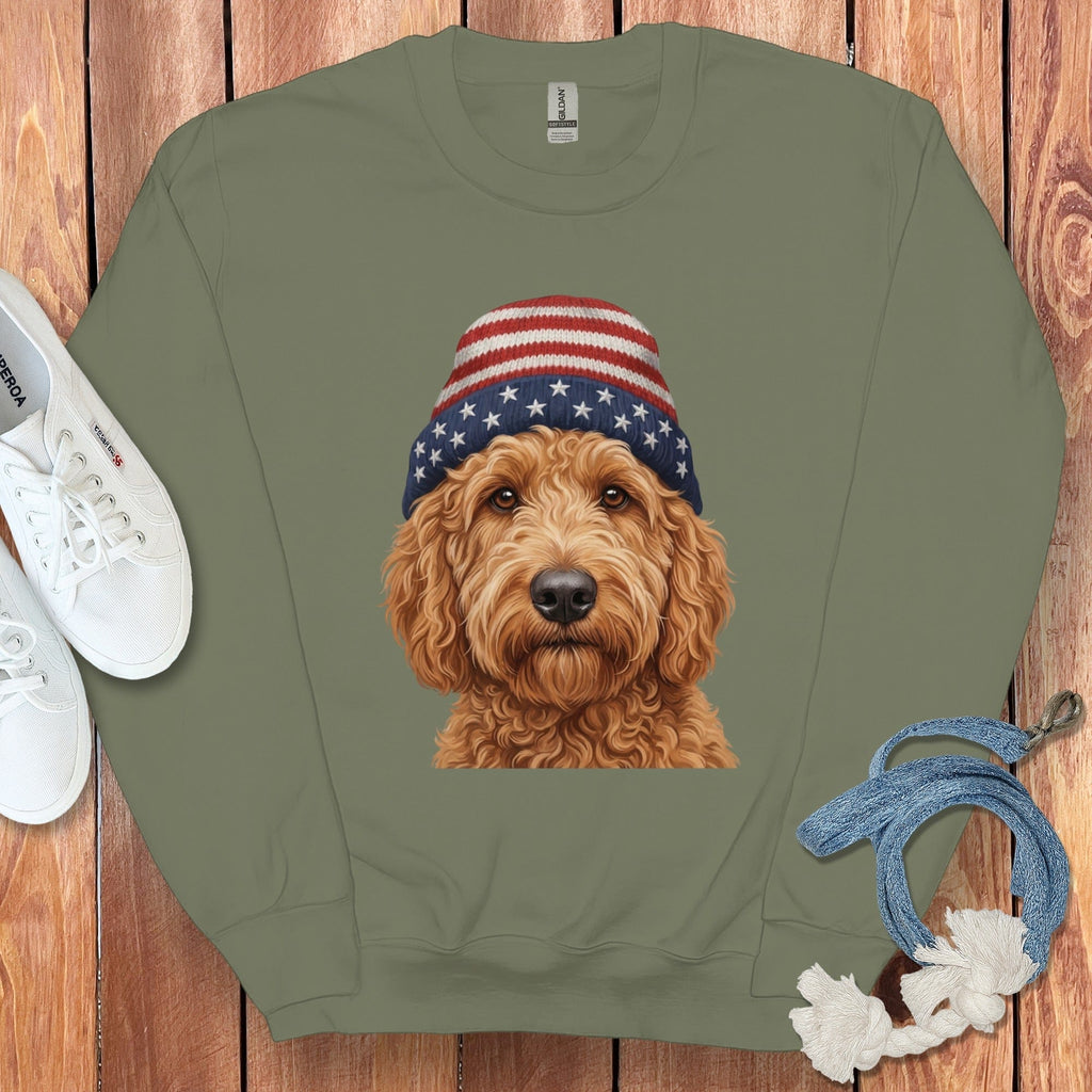 Apricot Doodle Patriotic Cap Sweatshirt in Military Green / M / Sweatshirts #1 by Puppy Jo