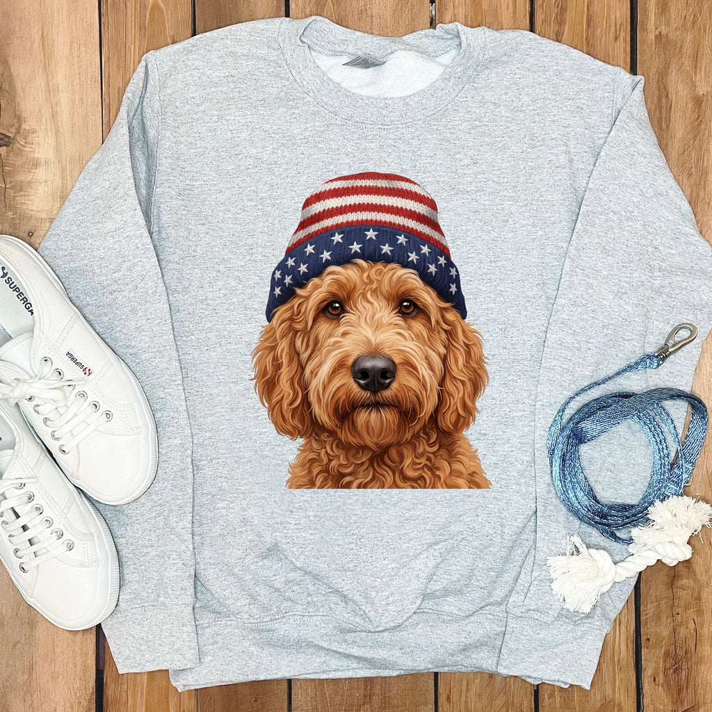 Apricot Doodle Patriotic Cap Sweatshirt in Sport Grey / M / Sweatshirts by Puppy Jo