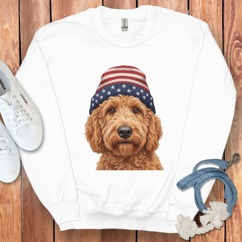 Apricot Doodle Patriotic Cap Sweatshirt in White / M / Sweatshirts by Puppy Jo