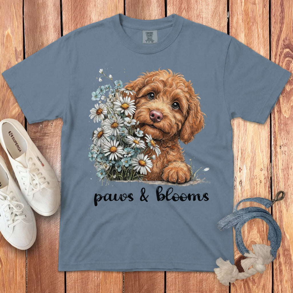 Apricot Doodle Paws Blooms Signature T-Shirt in Blue Jean / S by Puppy Jo