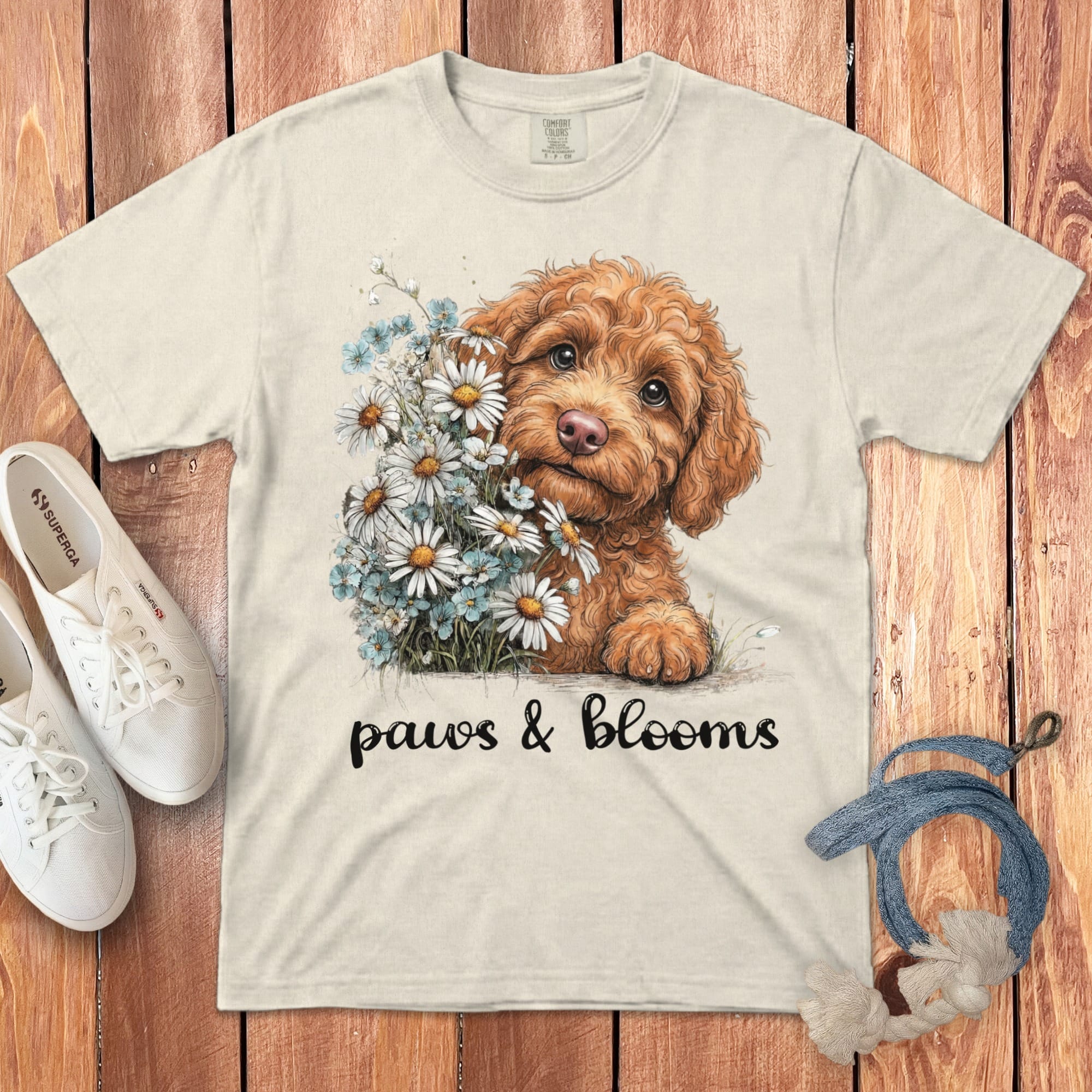 Apricot Doodle Paws Blooms Signature T-Shirt in Ivory / S by Puppy Jo