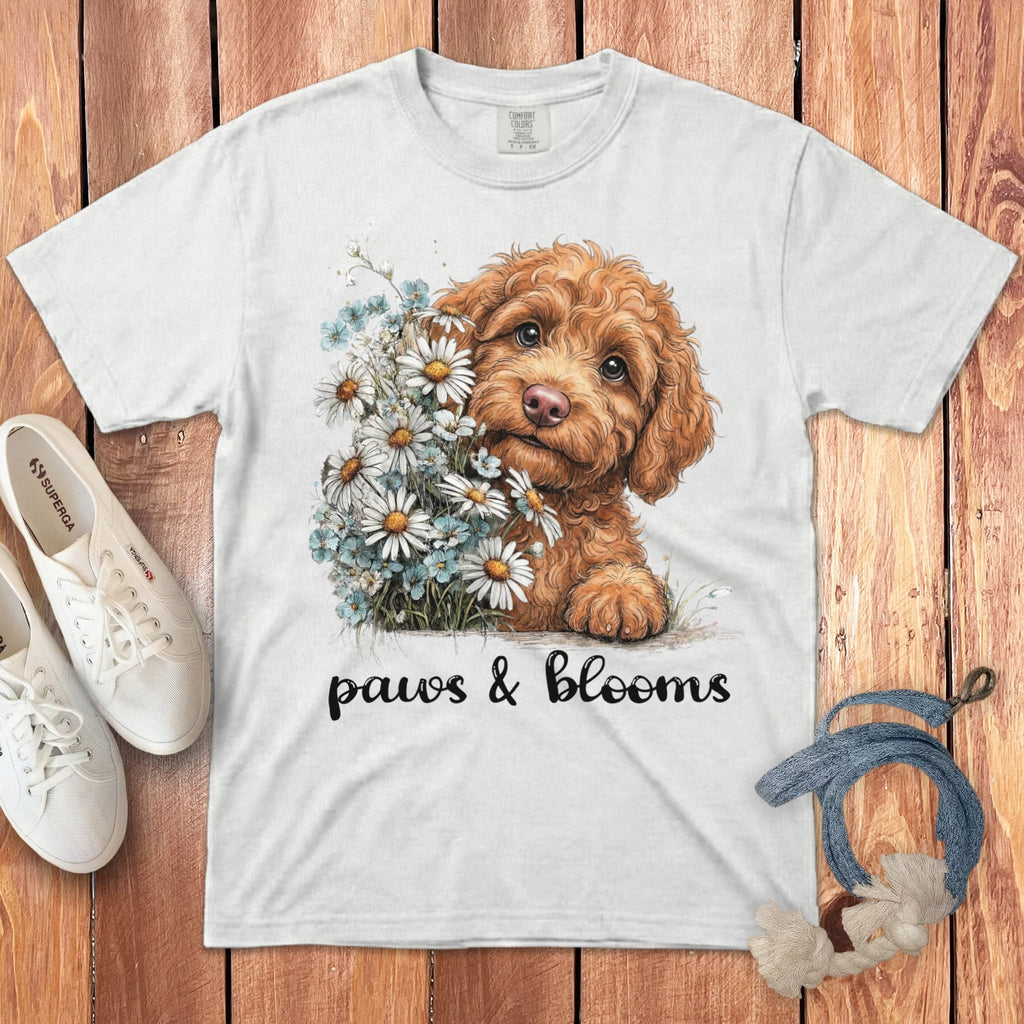 Apricot Doodle Paws Blooms Signature T-Shirt in White / S by Puppy Jo