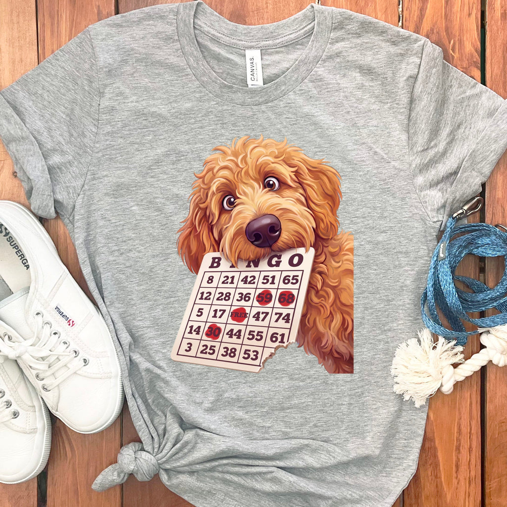 Apricot Goldendoodle Bingo T-Shirt in Athletic Heather / S by Puppy Jo