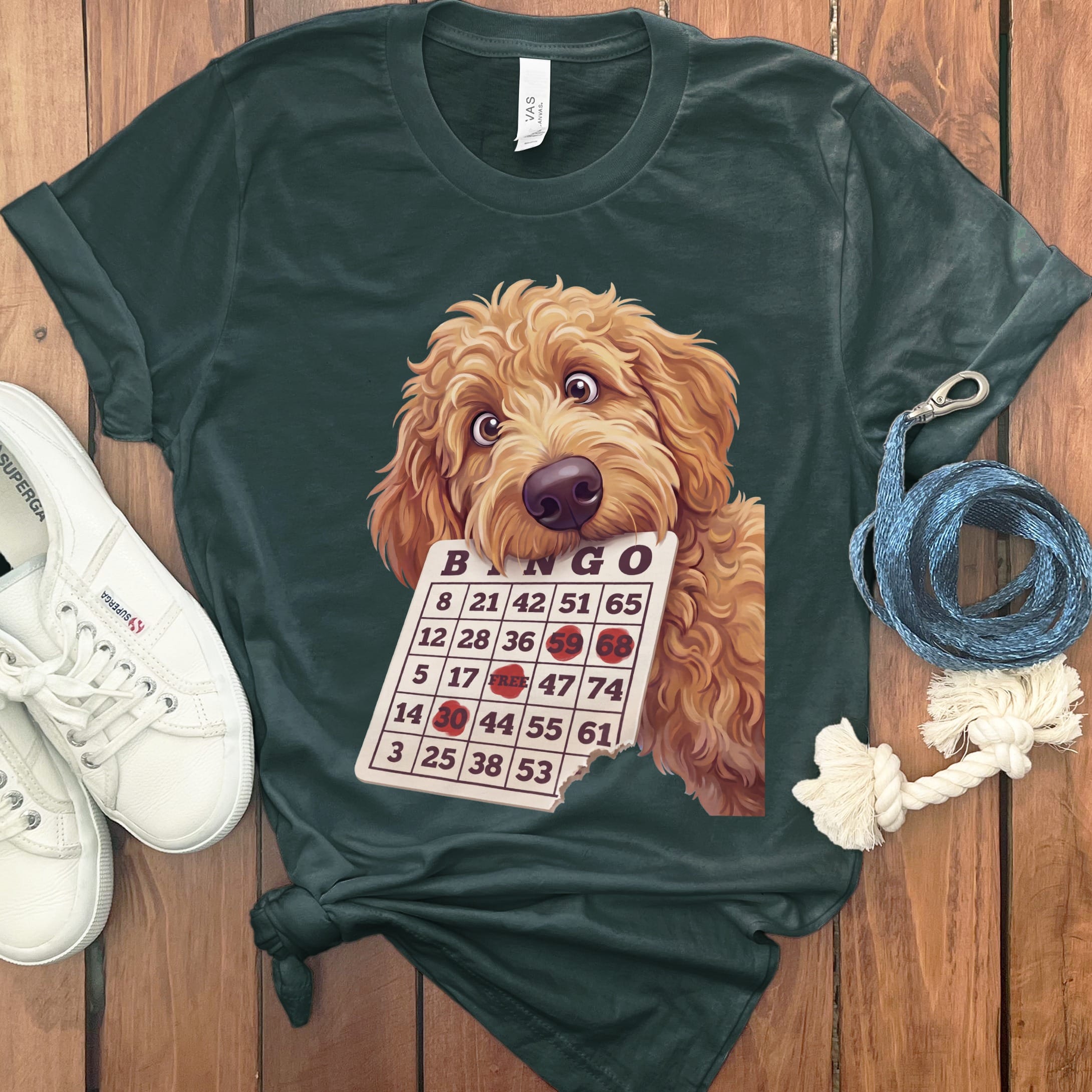 Apricot Goldendoodle Bingo T-Shirt in Forest / S by Puppy Jo
