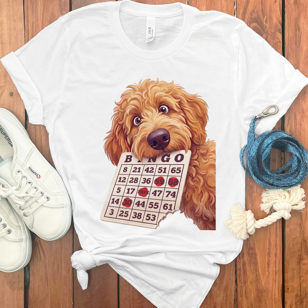 Apricot Goldendoodle Bingo T-Shirt in White / S by Puppy Jo