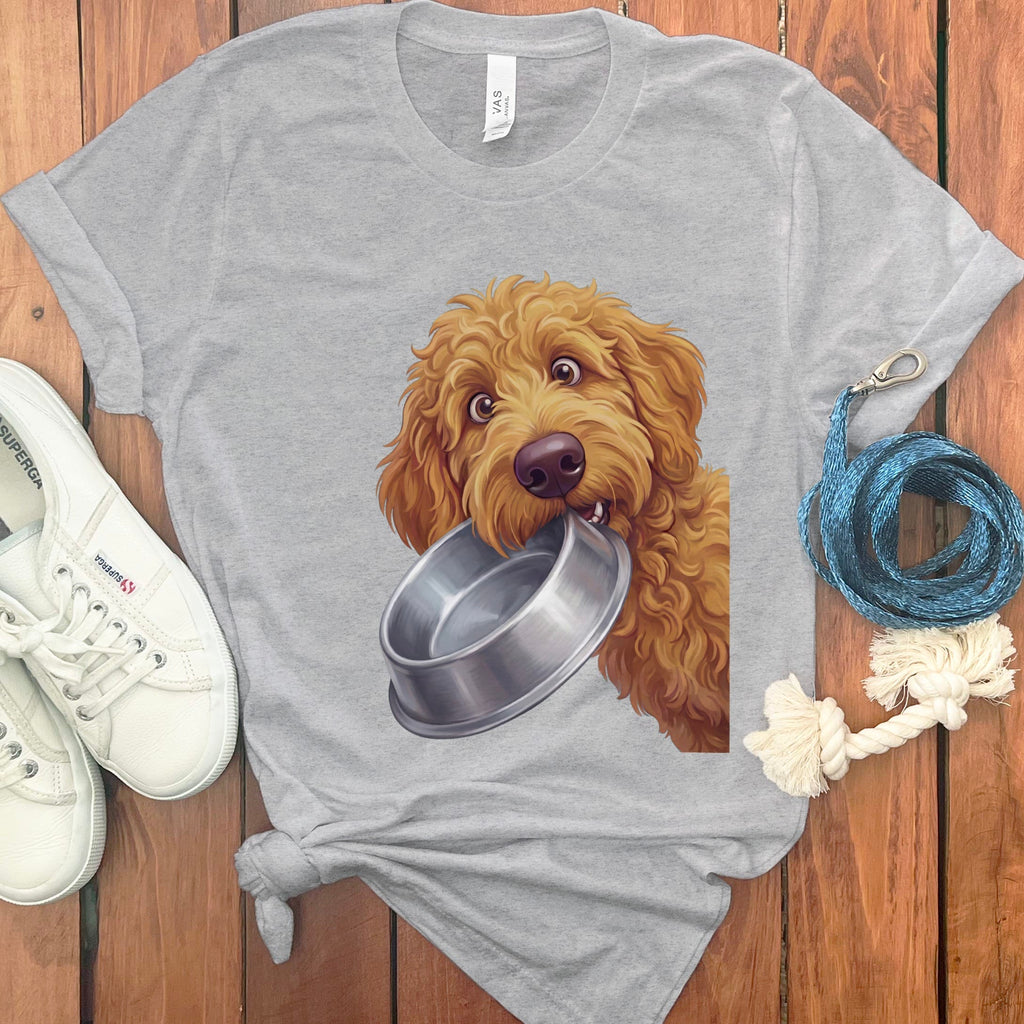 Apricot Goldendoodle Bowl T-Shirt in Athletic Heather / S by Puppy Jo