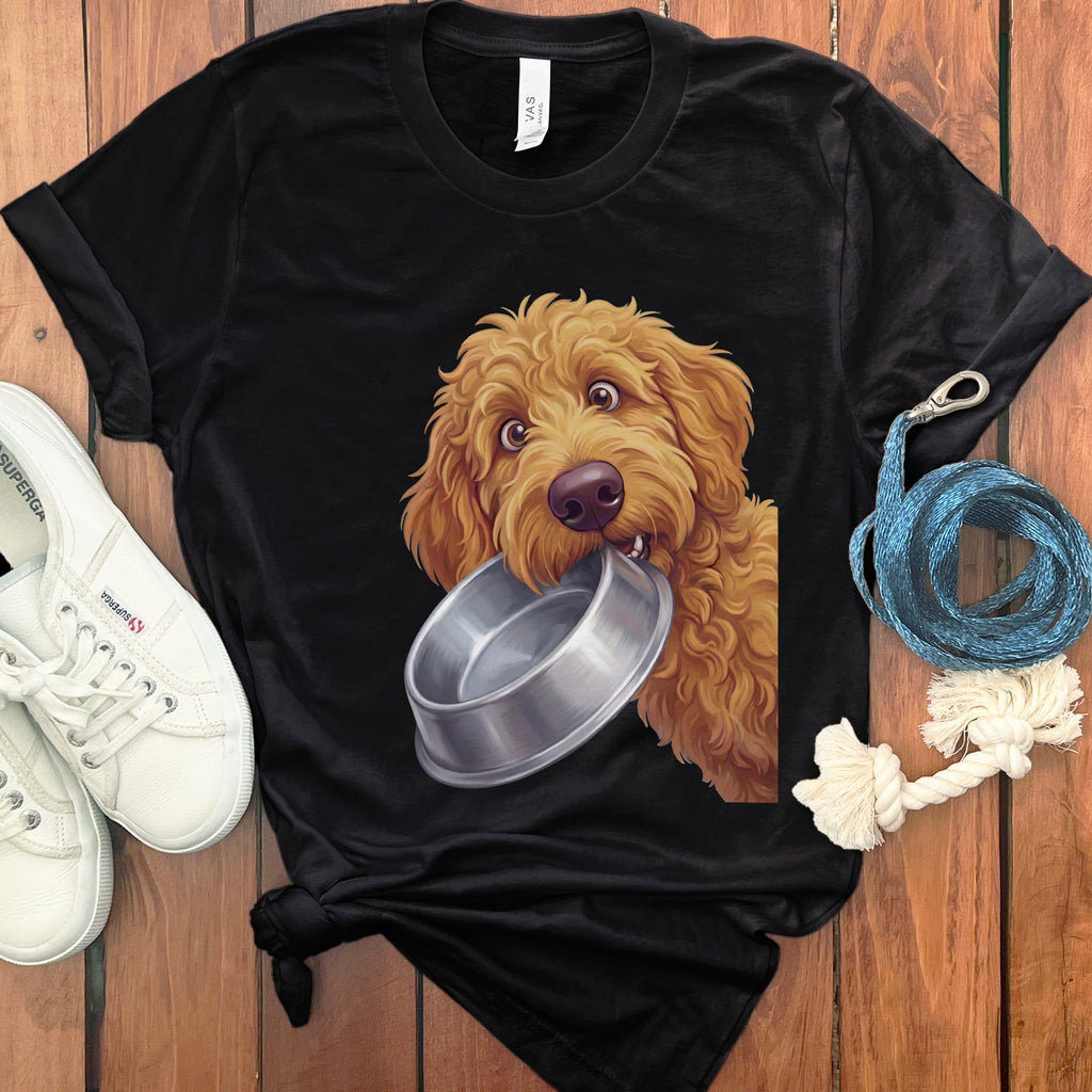 Apricot Goldendoodle Bowl T-Shirt in Black / S by Puppy Jo