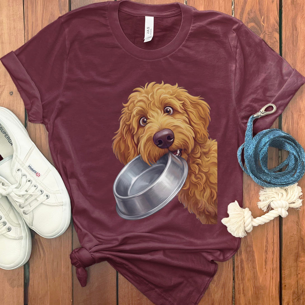 Apricot Goldendoodle Bowl T-Shirt in Maroon / S by Puppy Jo