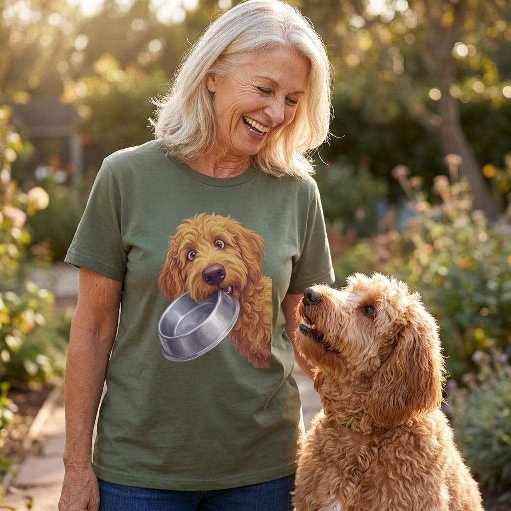 Apricot Goldendoodle Bowl T-Shirt in by Puppy Jo