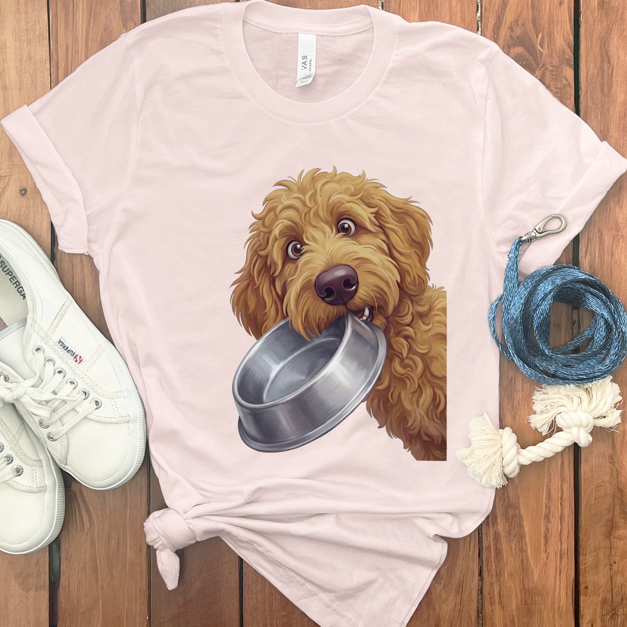 Apricot Goldendoodle Bowl T-Shirt in Soft Pink / S by Puppy Jo