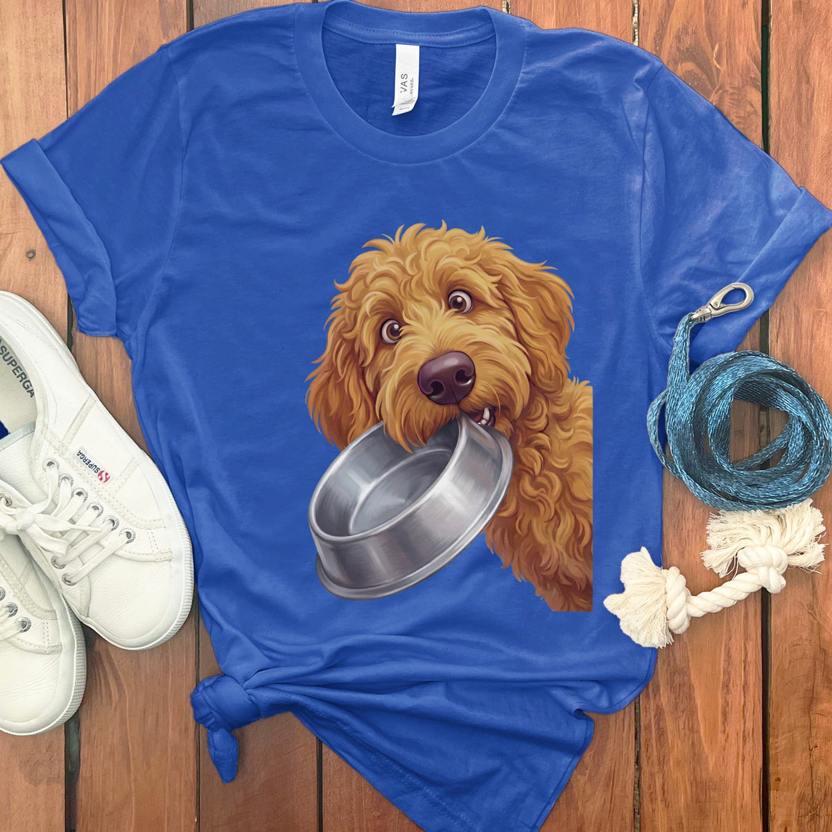 Apricot Goldendoodle Bowl T-Shirt in True Royal / S by Puppy Jo