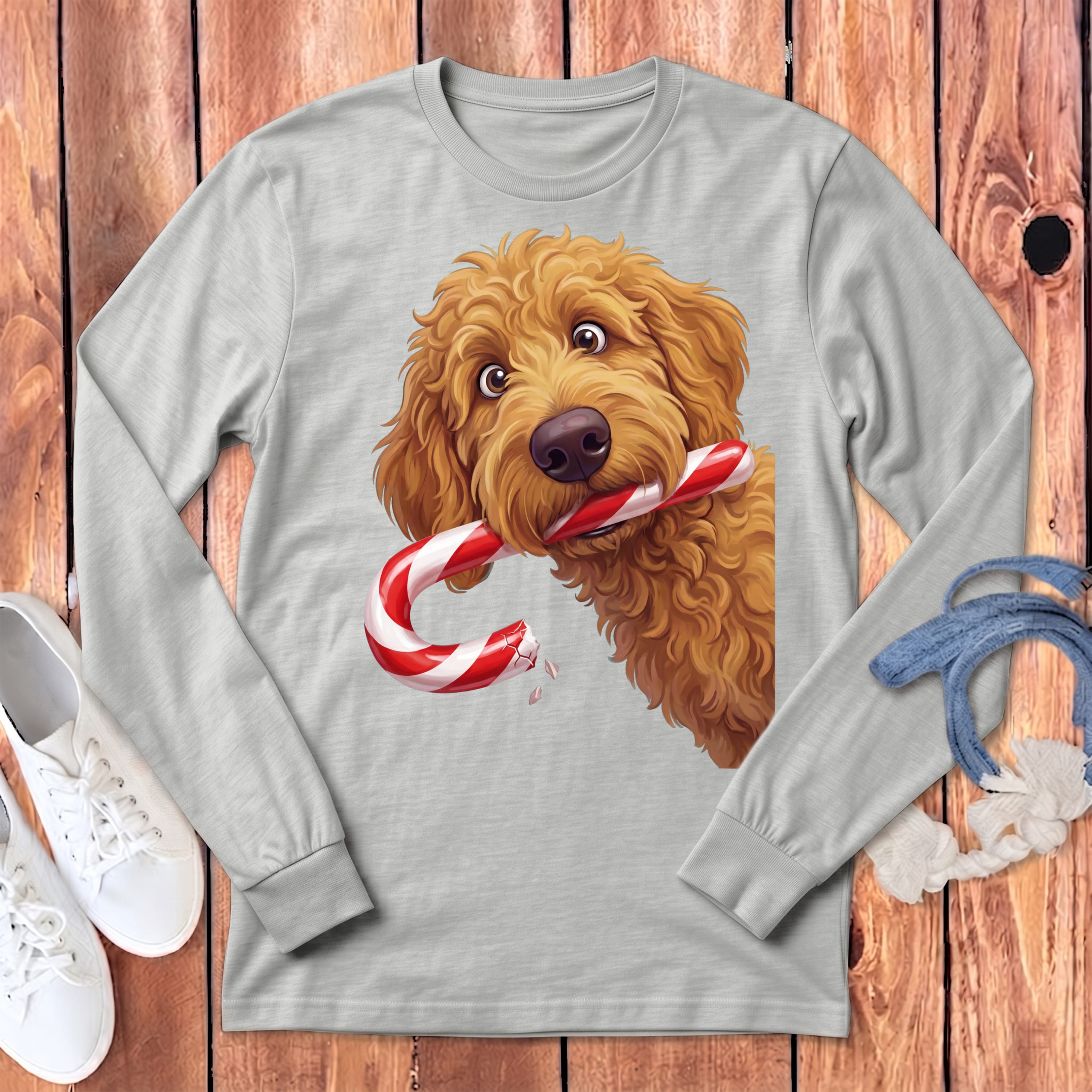 Apricot Goldendoodle Candy Cane Thief Long Sleeve T-Shirt in Athletic Heather / S by Puppy Jo