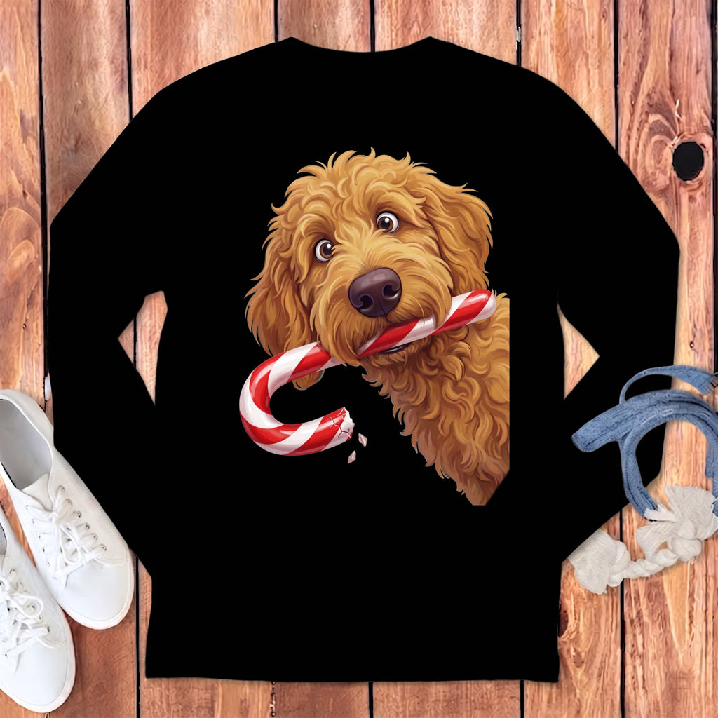 Apricot Goldendoodle Candy Cane Thief Long Sleeve T-Shirt in Black / S by Puppy Jo
