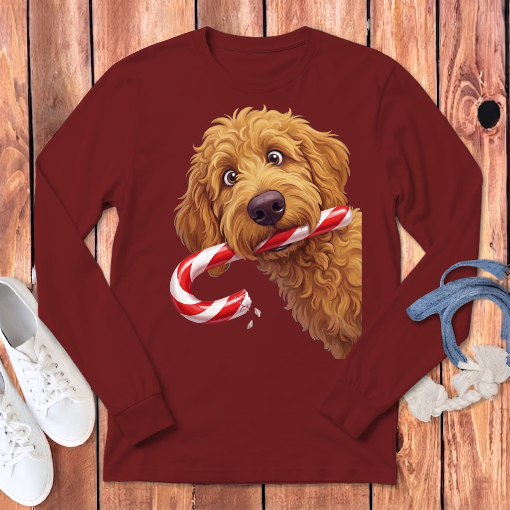 Apricot Goldendoodle Candy Cane Thief Long Sleeve T-Shirt in Cardinal / S by Puppy Jo