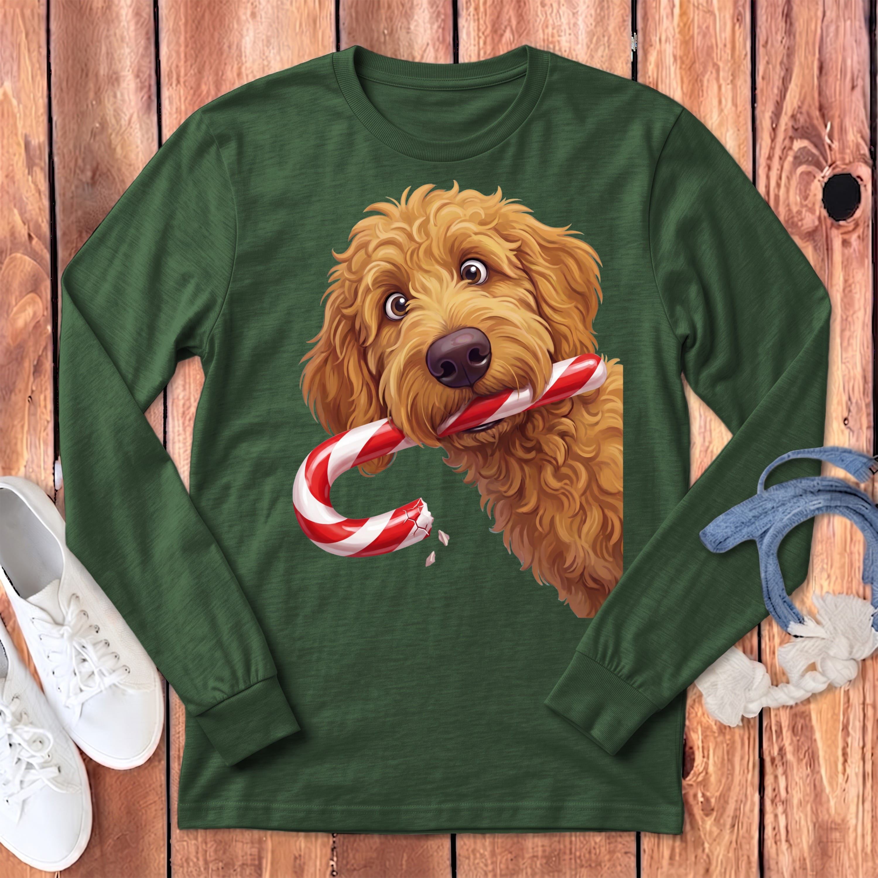 Apricot Goldendoodle Candy Cane Thief Long Sleeve T-Shirt in Heather Forest / S by Puppy Jo