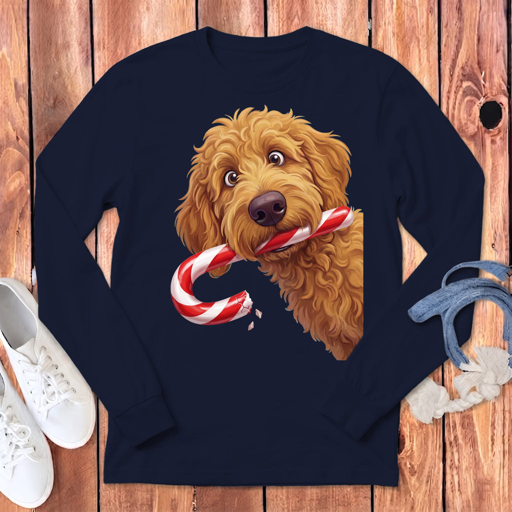 Apricot Goldendoodle Candy Cane Thief Long Sleeve T-Shirt in Navy / S by Puppy Jo