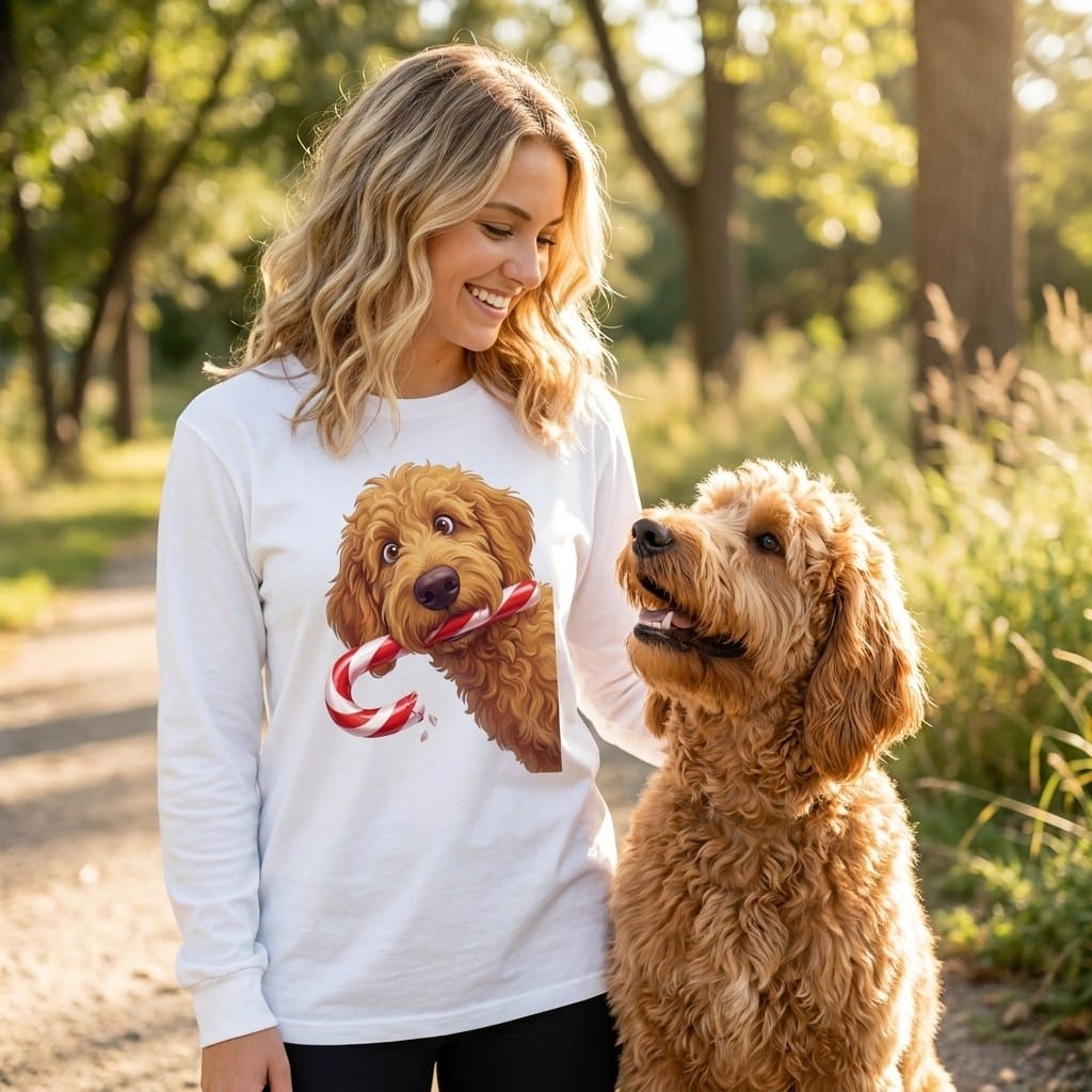 Apricot Goldendoodle Candy Cane Thief Long Sleeve T-Shirt in by Puppy Jo