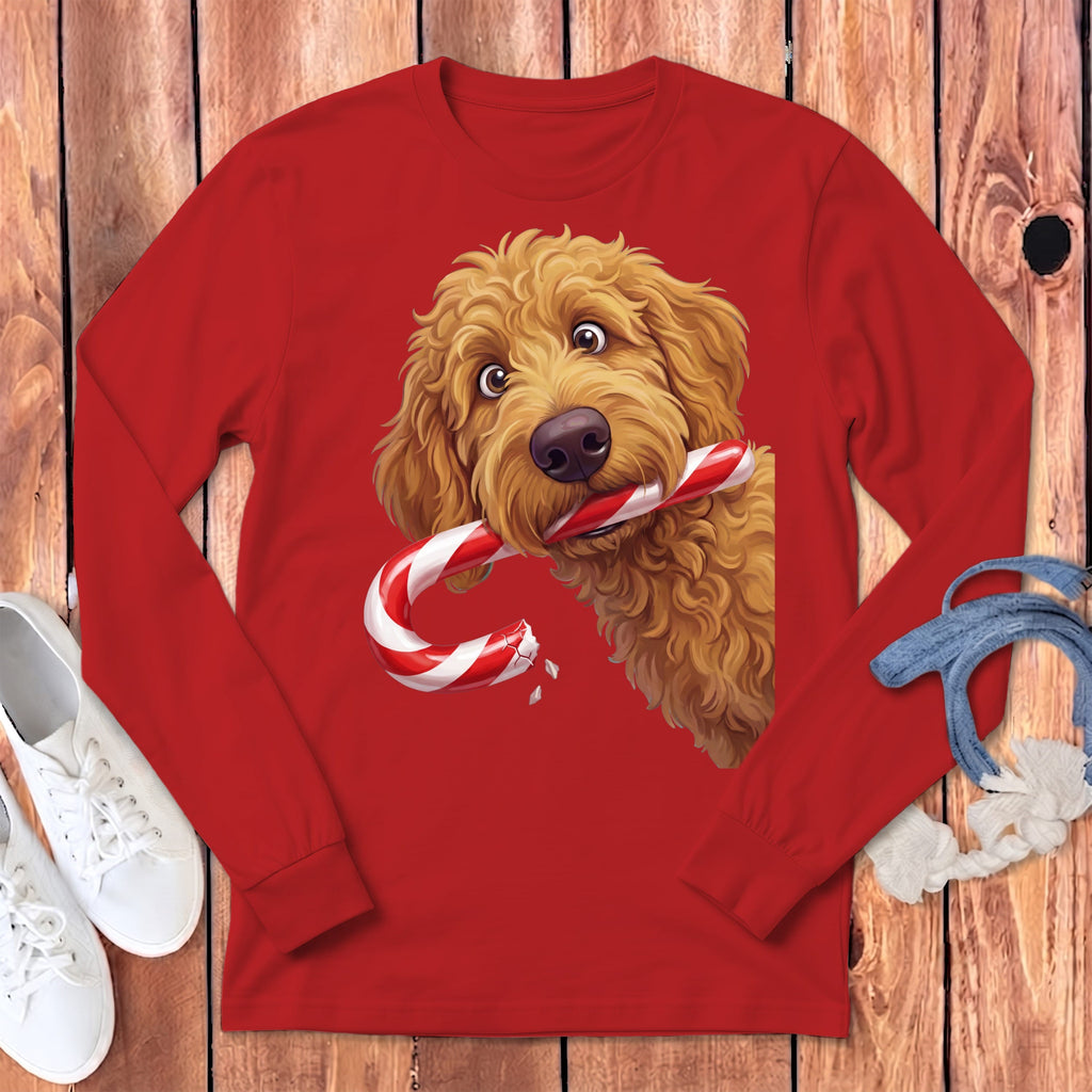 Apricot Goldendoodle Candy Cane Thief Long Sleeve T-Shirt in Red / S by Puppy Jo