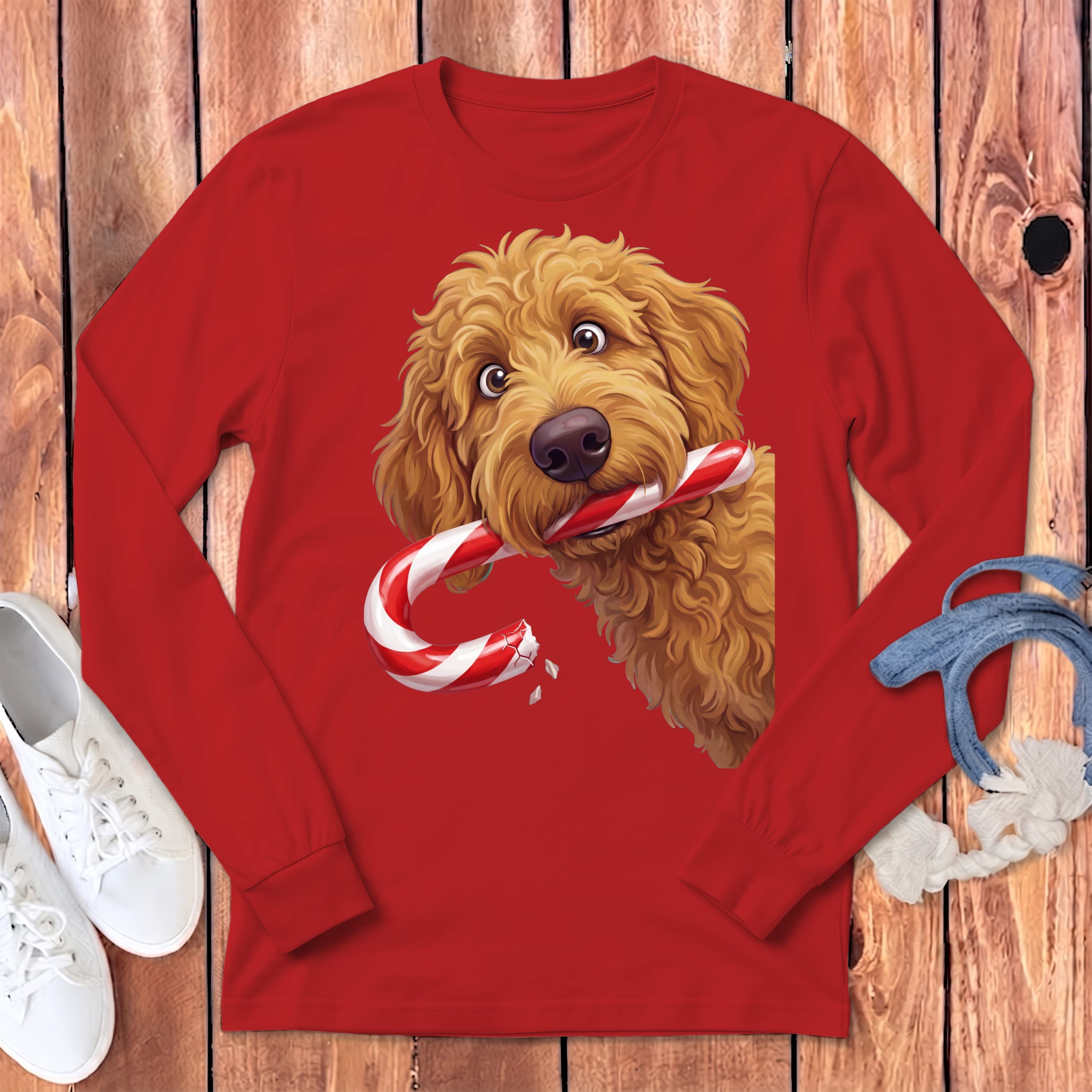 Apricot Goldendoodle Candy Cane Thief Long Sleeve T-Shirt in Red / S by Puppy Jo