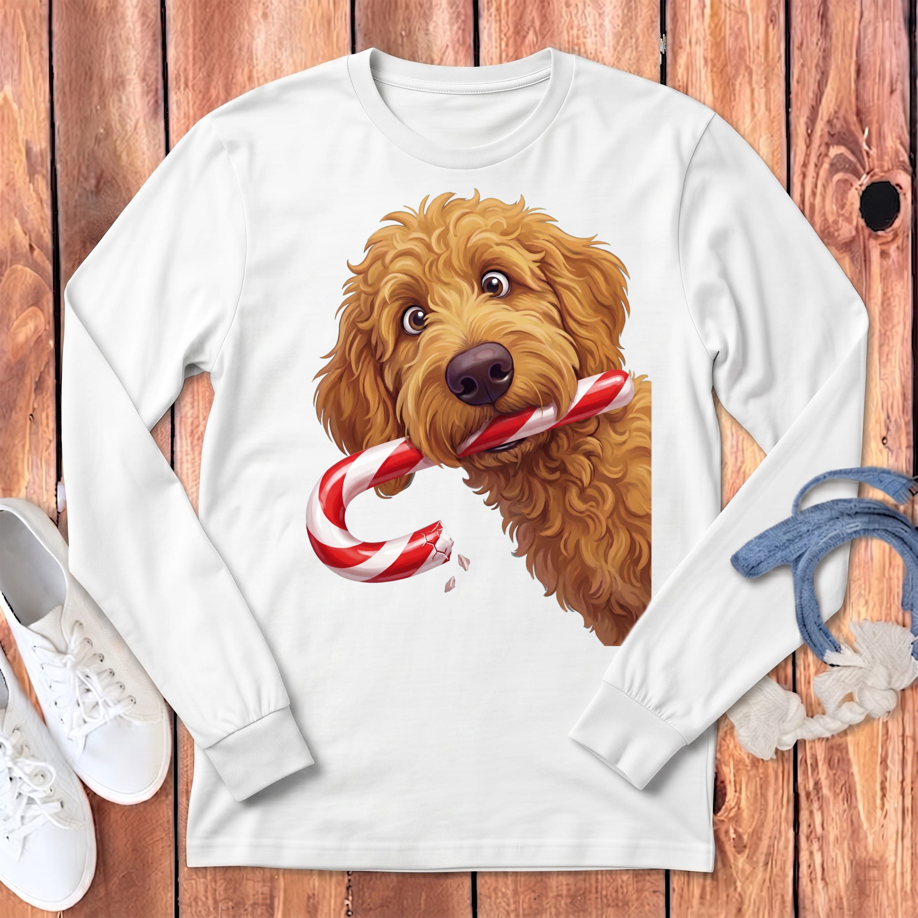 Apricot Goldendoodle Candy Cane Thief Long Sleeve T-Shirt in White / S by Puppy Jo
