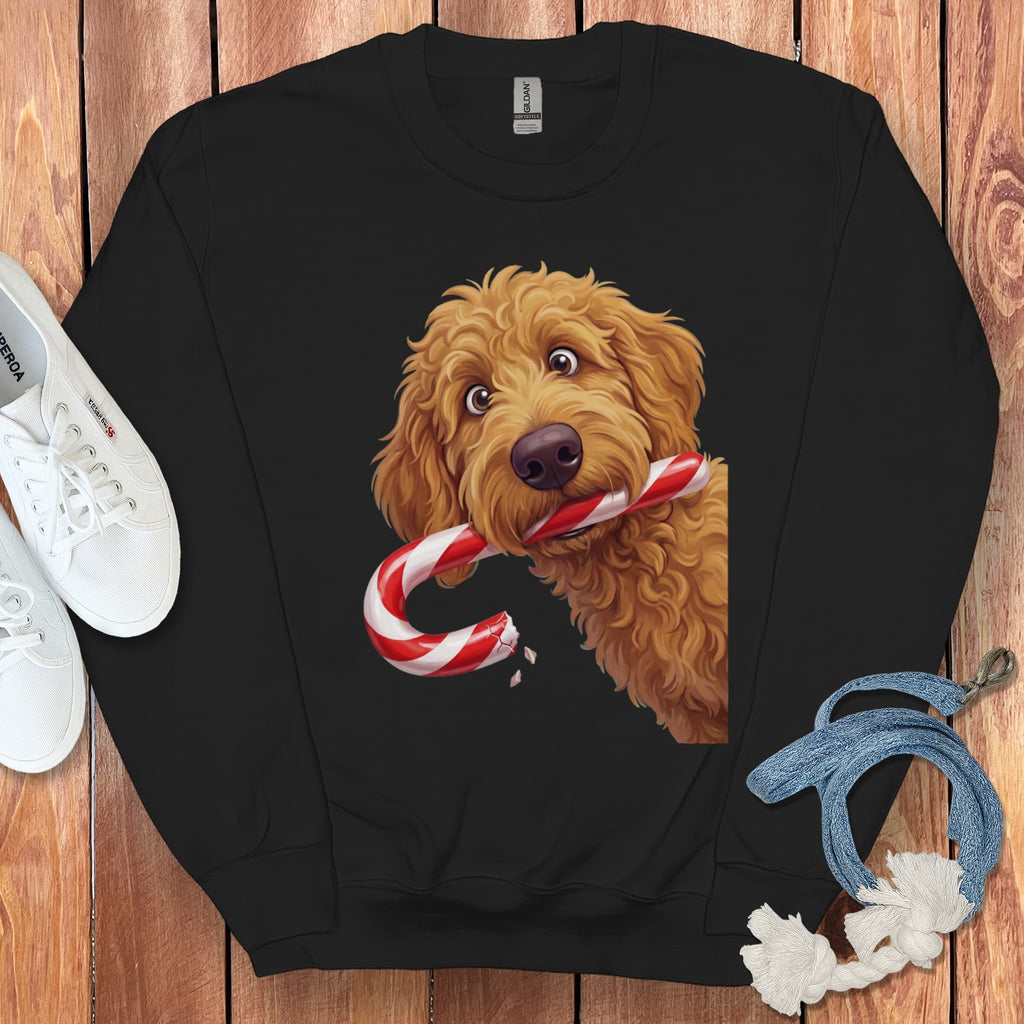 Apricot Goldendoodle Candy Cane Thief Sweatshirt in Black / S by Puppy Jo