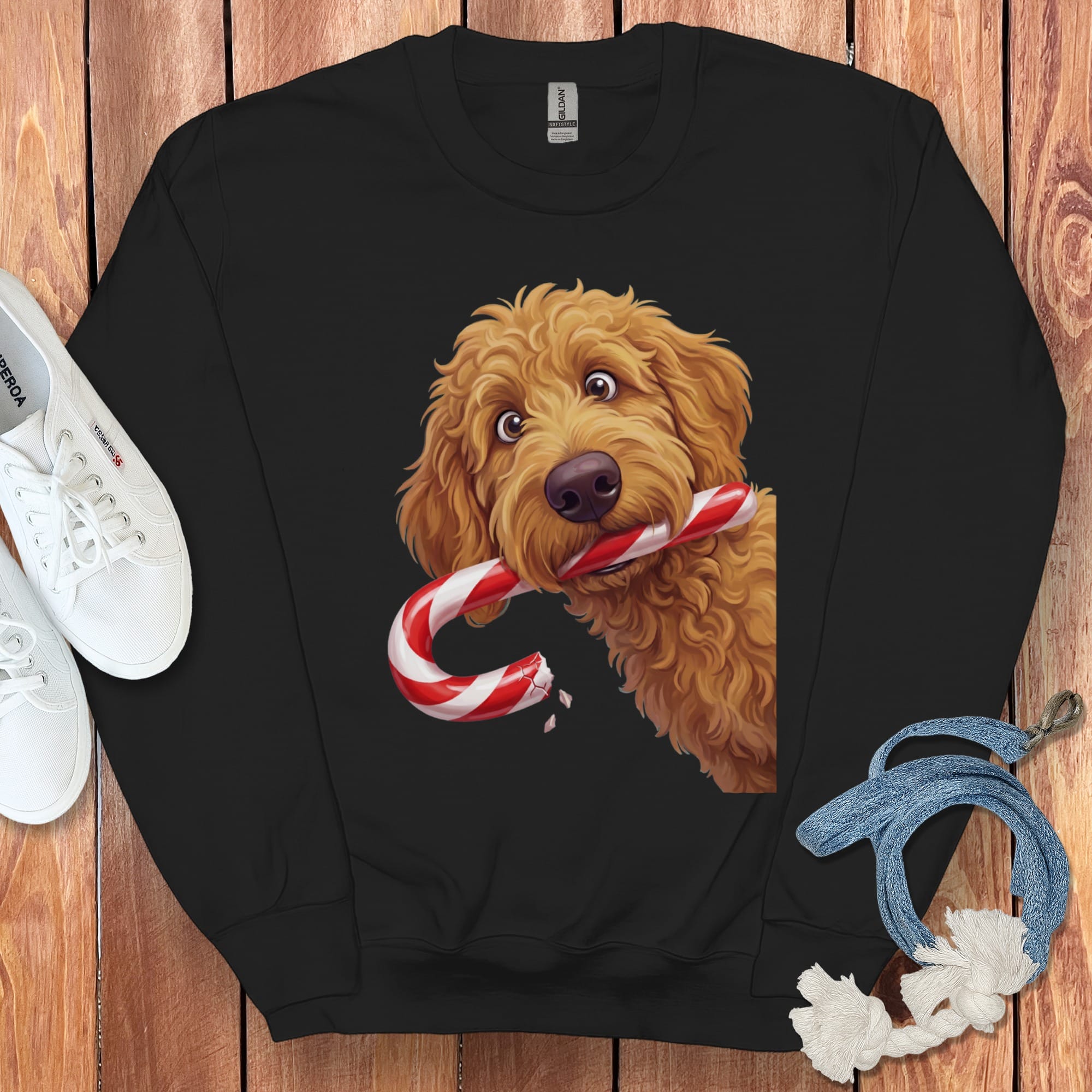 Apricot Goldendoodle Candy Cane Thief Sweatshirt in Black / S by Puppy Jo