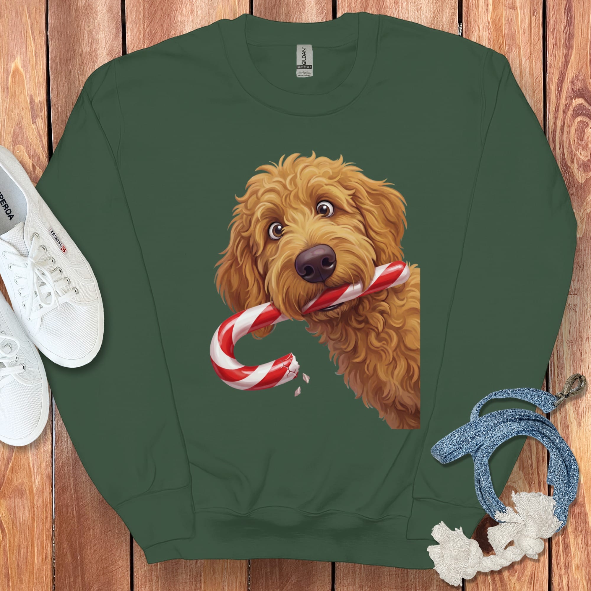 Apricot Goldendoodle Candy Cane Thief Sweatshirt in Forest Green / S by Puppy Jo