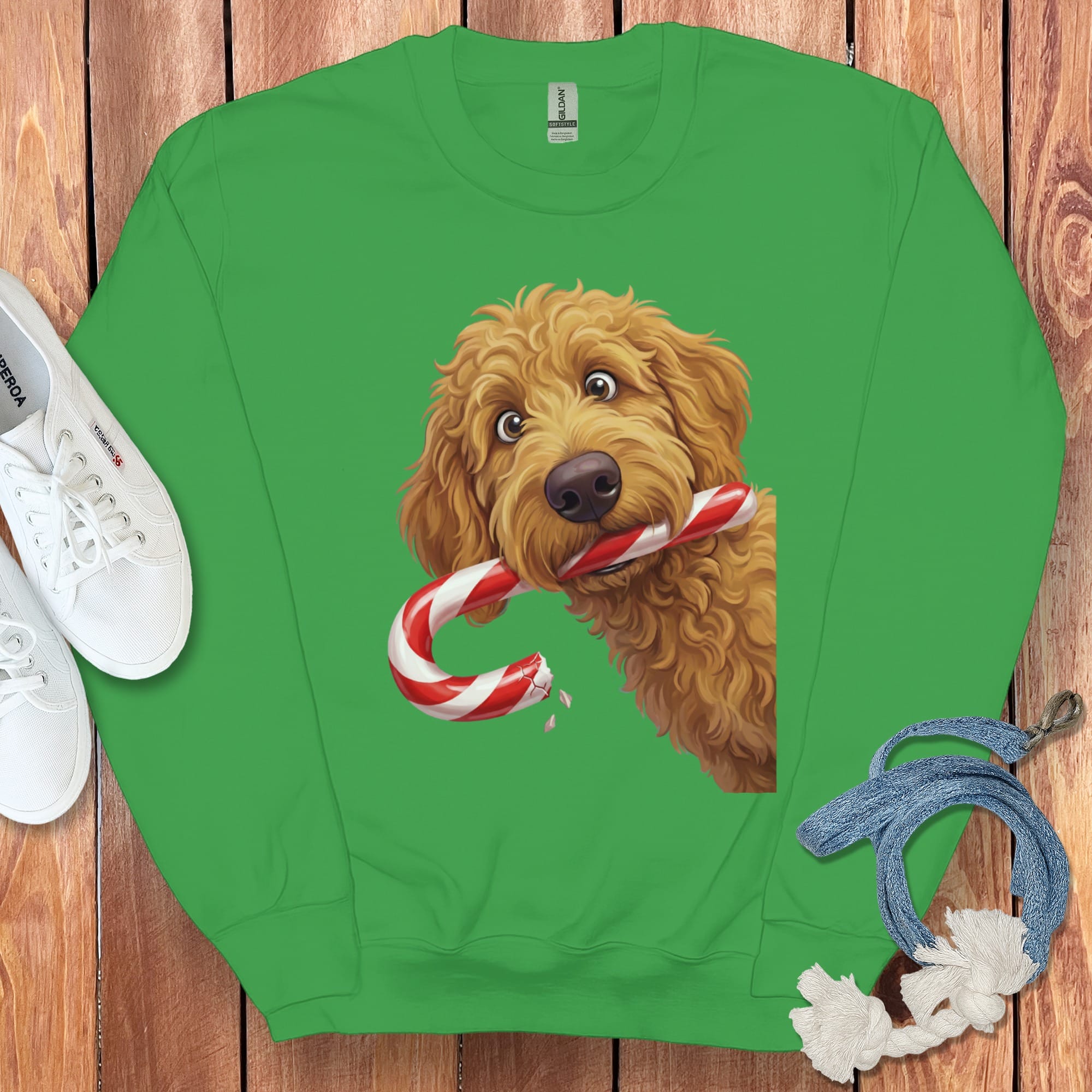 Apricot Goldendoodle Candy Cane Thief Sweatshirt in Irish Green / S by Puppy Jo