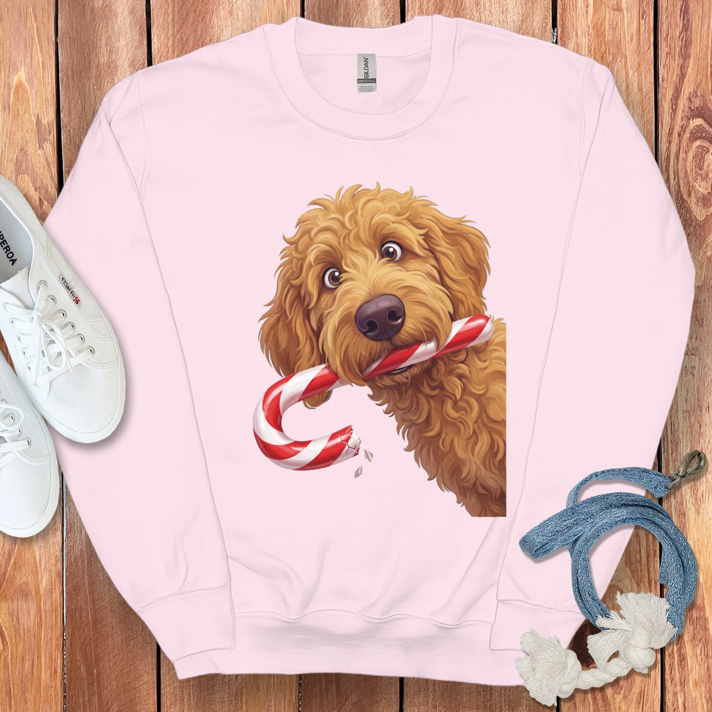 Apricot Goldendoodle Candy Cane Thief Sweatshirt in Light Pink / S by Puppy Jo