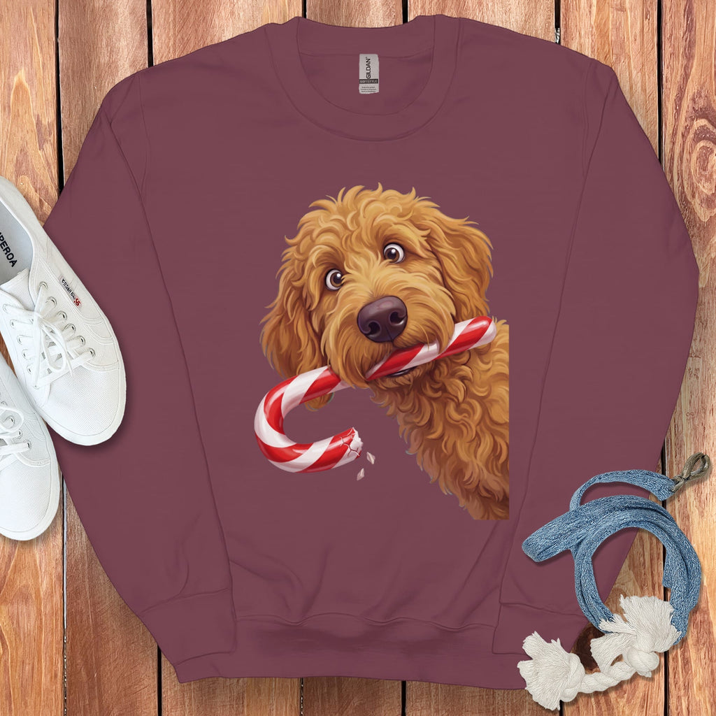 Apricot Goldendoodle Candy Cane Thief Sweatshirt in Maroon / S by Puppy Jo