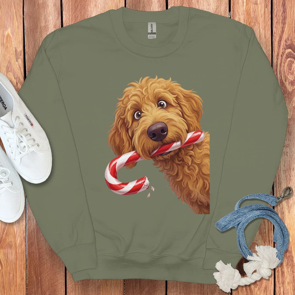 Apricot Goldendoodle Candy Cane Thief Sweatshirt in Military Green / S by Puppy Jo