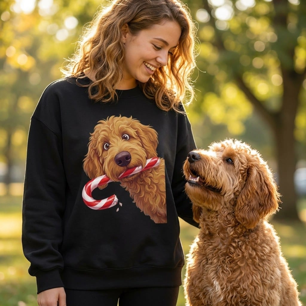 Apricot Goldendoodle Candy Cane Thief Sweatshirt in by Puppy Jo