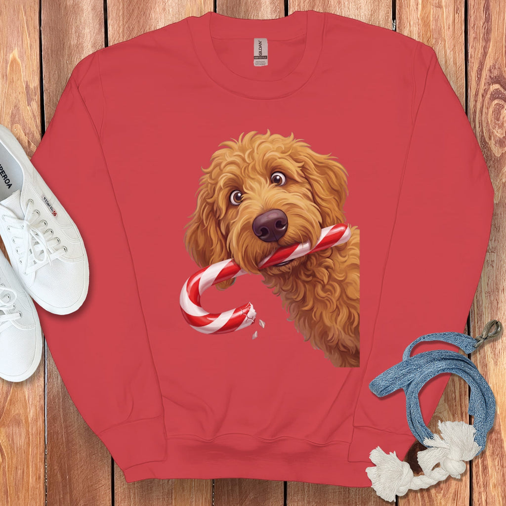 Apricot Goldendoodle Candy Cane Thief Sweatshirt in Red / S by Puppy Jo