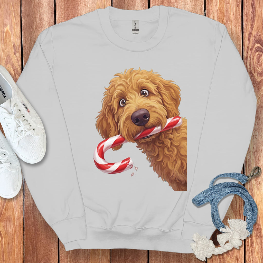 Apricot Goldendoodle Candy Cane Thief Sweatshirt in Sport Grey / S by Puppy Jo