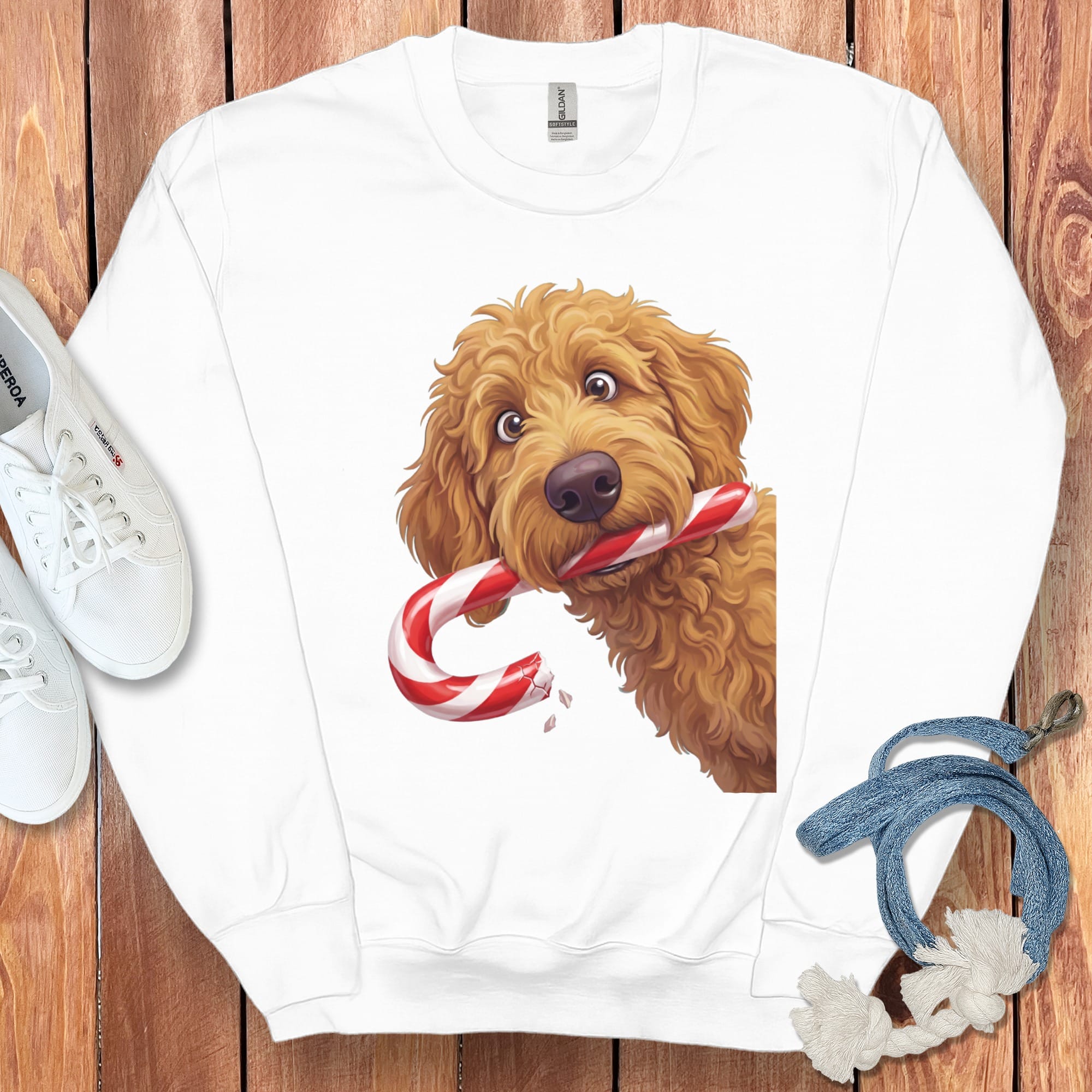 Apricot Goldendoodle Candy Cane Thief Sweatshirt in White / S by Puppy Jo