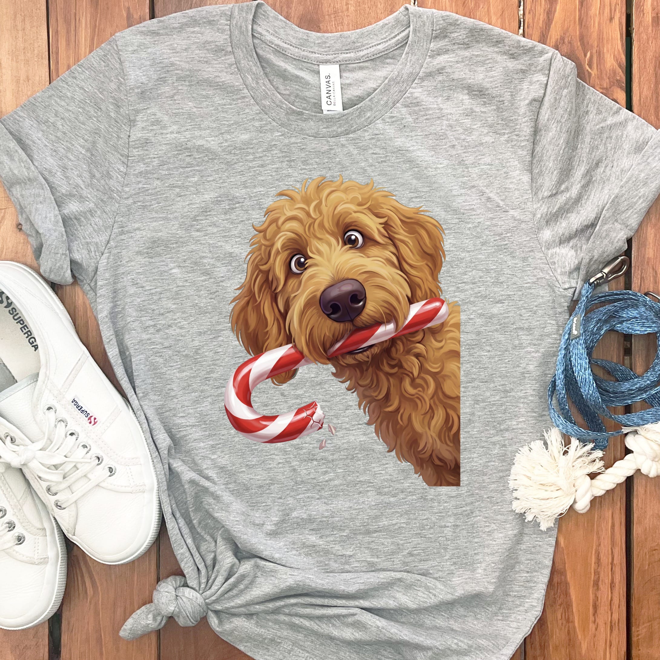 Apricot Goldendoodle Candy Cane Thief T-Shirt in Athletic Heather / S by Puppy Jo