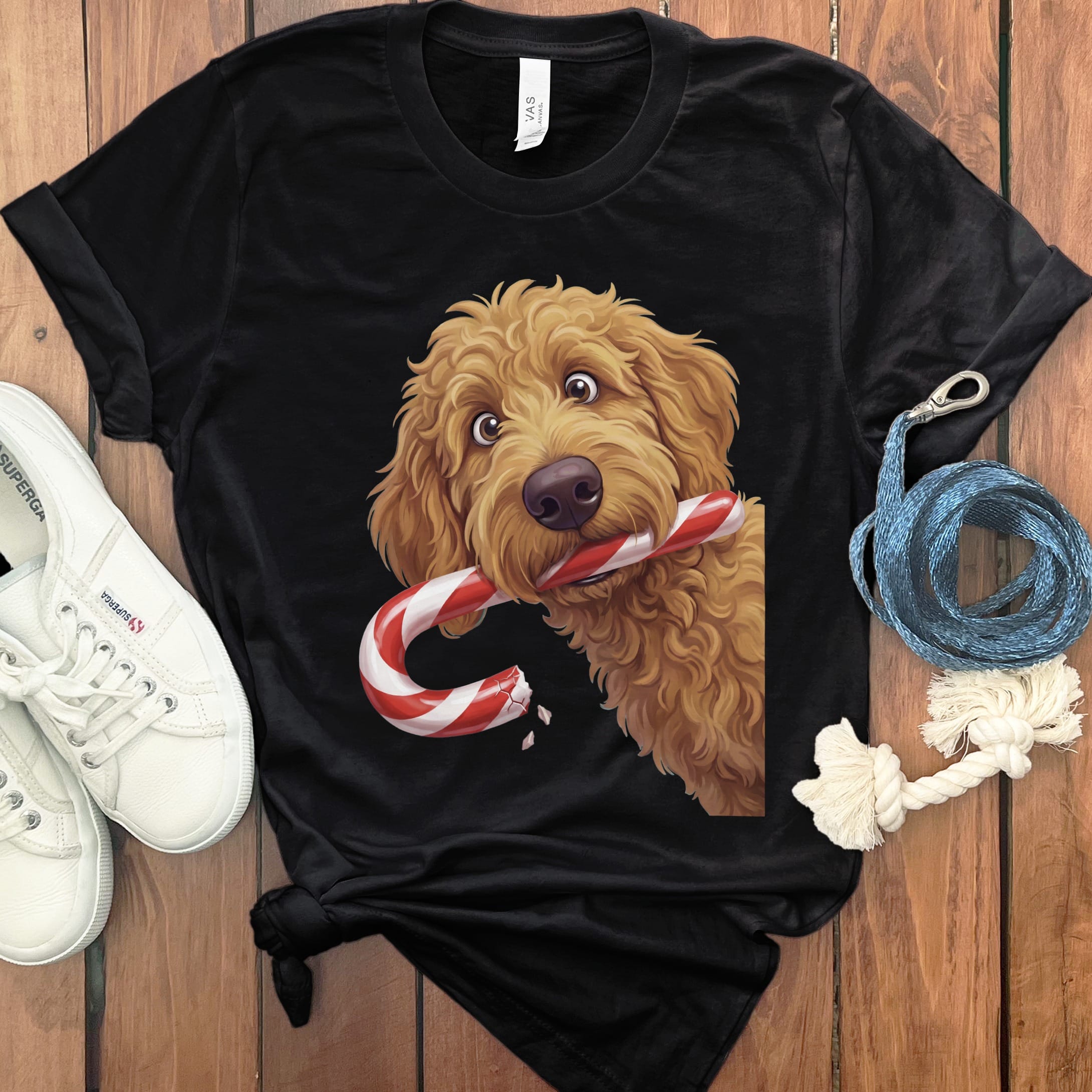 Apricot Goldendoodle Candy Cane Thief T-Shirt in Black / S by Puppy Jo