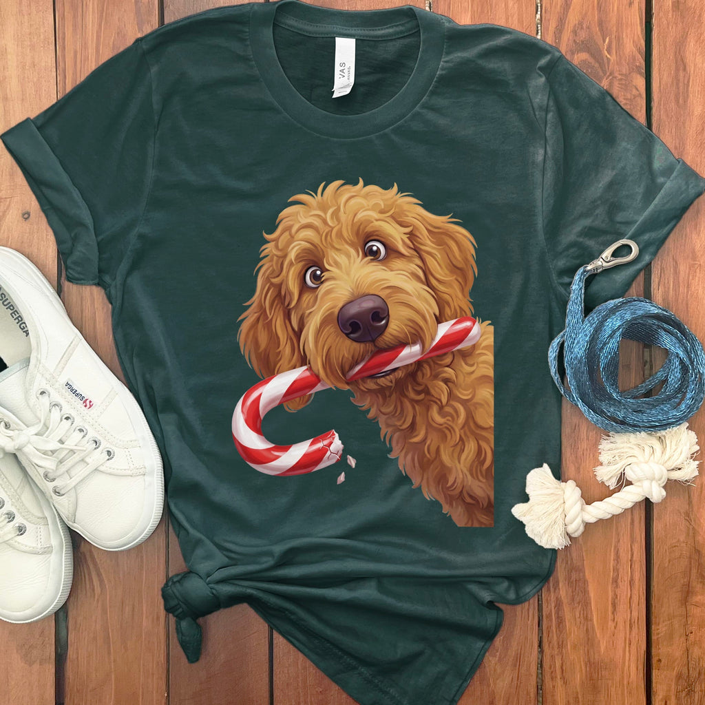 Apricot Goldendoodle Candy Cane Thief T-Shirt in Forest / S by Puppy Jo