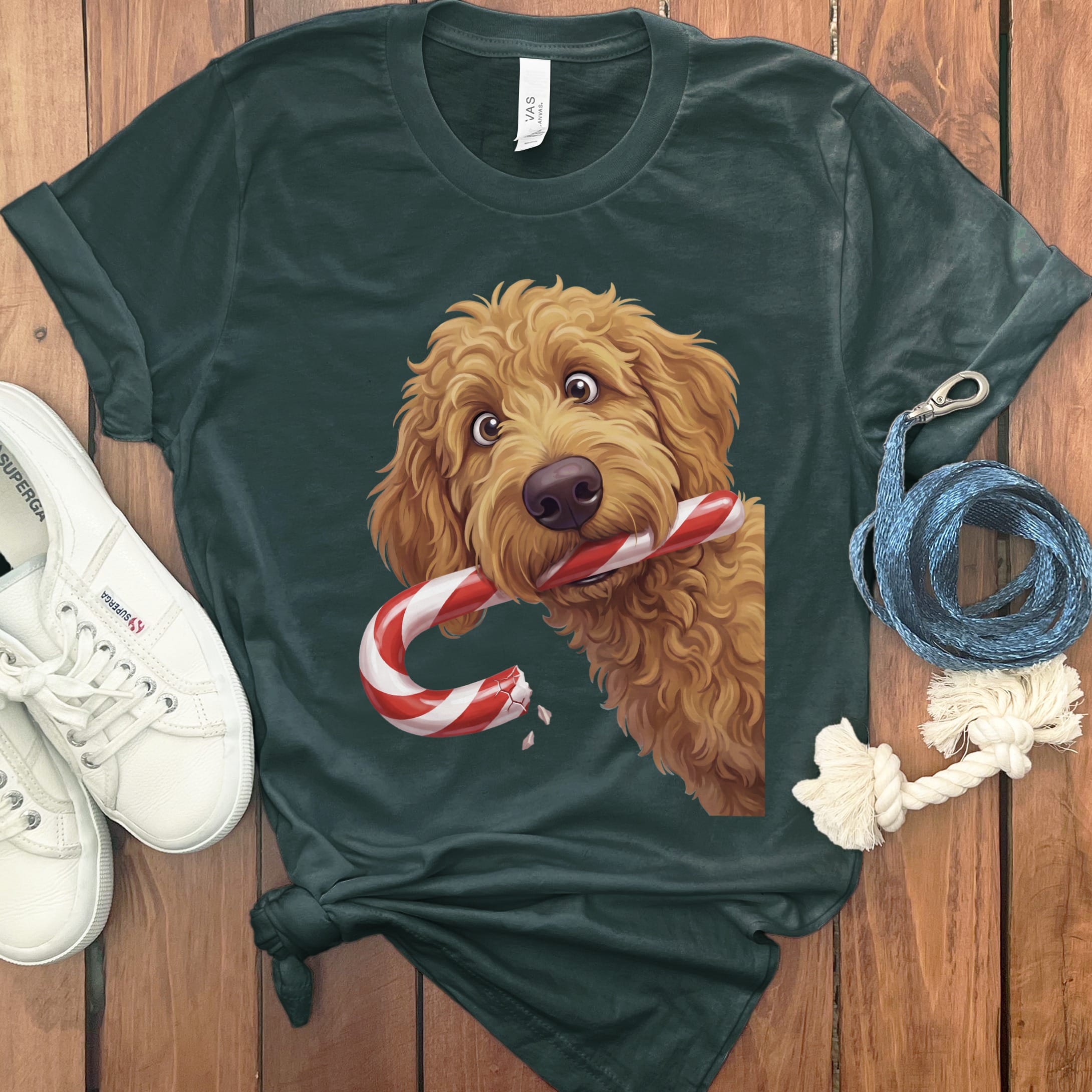 Apricot Goldendoodle Candy Cane Thief T-Shirt in Forest / S by Puppy Jo